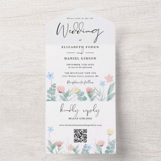 Waterverf Bloem QR Code Script Bruiloft All In One Uitnodiging (Binnen)