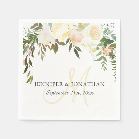 Waterverf Bloem Roze Beige Ivoor Krans Bruiloft Servet (Voorkant)