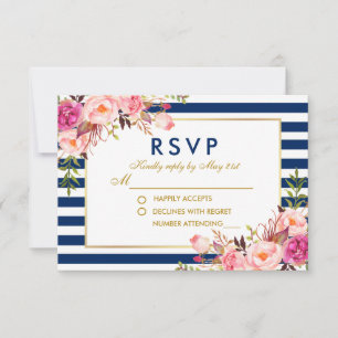 Waterverf Bloem Roze Blauwe Strepen RSVP Trouwen Kaartje