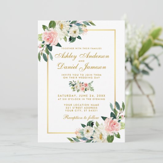 Waterverf Bloem Roze Blush Wit Goud Bruiloft Kaart (Staand voorkant)