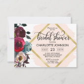 Waterverf Bloem Roze Burgundy Goud Bruiloft Kaart (Voorkant)