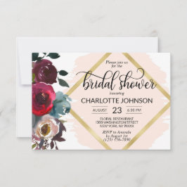 Waterverf Bloem Roze Burgundy Goud Bruiloft Kaart