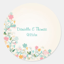 Waterverf Bloem Roze Groen Turquoise Trouw Ronde Sticker