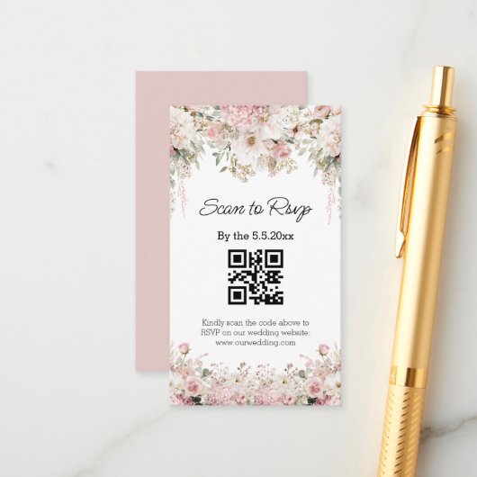 waterverf bloem roze qr code rsvp bruiloft informatiekaartje (Voorkant / Achterkant in situ)