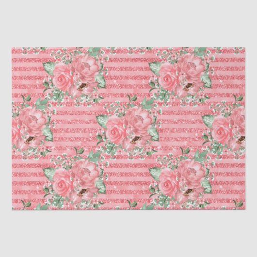 Waterverf Bloem Roze Rozen & Glitter Strepen Tissuepapier (Voorkant)