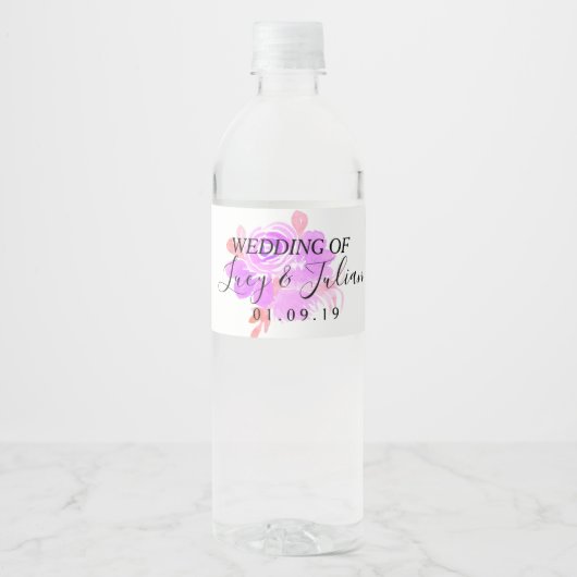 Waterverf Bloem Roze Trouw Waterfles Label Etiket (Voorkant)