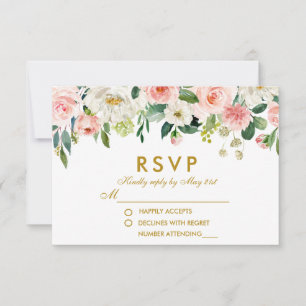 Waterverf Bloem Roze Wit Goud RSVP Trouw Kaartje