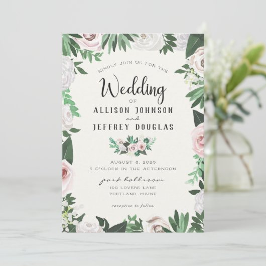 Waterverf Bloem Roze Wit Groen Trouwkaart Kaart (Staand voorkant)