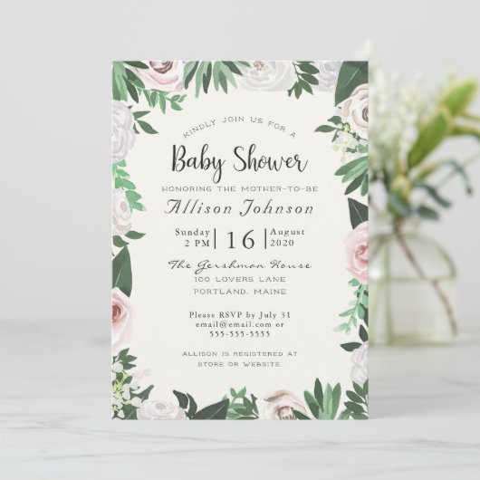 Waterverf Bloem Wit Groen Baby Shower Kaart (Staand voorkant)
