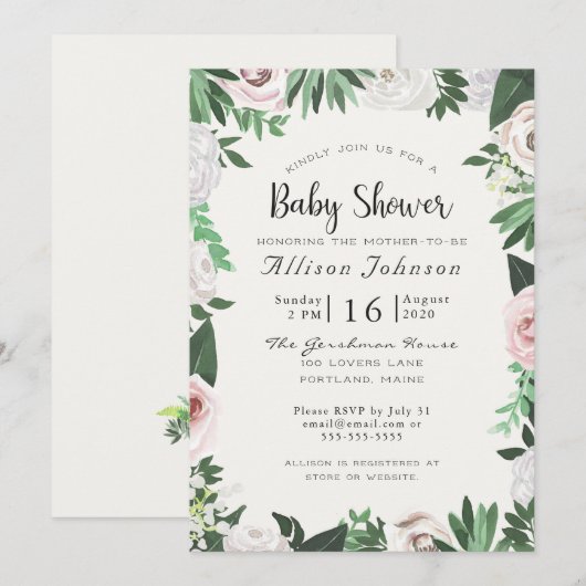 Waterverf Bloem Wit Groen Baby Shower Kaart (Voorkant / Achterkant)