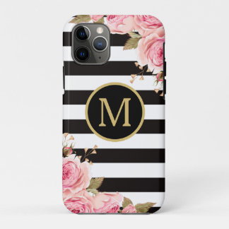 Waterverf Bloem Zwart en Witte Strepen Monogram Case-Mate iPhone Case
