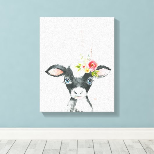 Waterverf Bloem Zwart & Wit Koe Kunst Canvas Afdruk (Insitu (Houten vloer))
