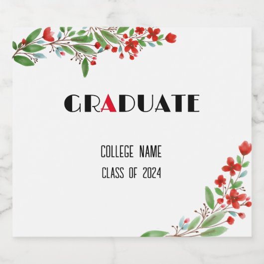 Waterverf bloem zwart wit rood afstuderen sparkling wijnetiket (Enkel label)