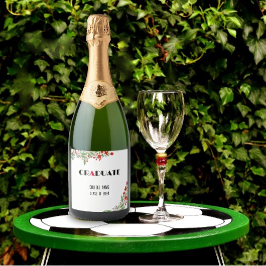 Waterverf bloem zwart wit rood afstuderen sparkling wijnetiket