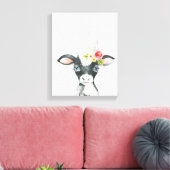 Waterverf Bloem Zwart & Witte Koe Kunst Canvas Afdruk (Insitu (Woonkamer))