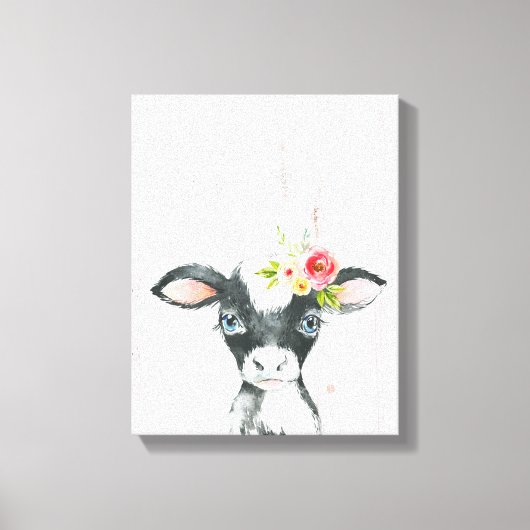 Waterverf Bloem Zwart & Witte Koe Kunst Canvas Afdruk (Voorkant)