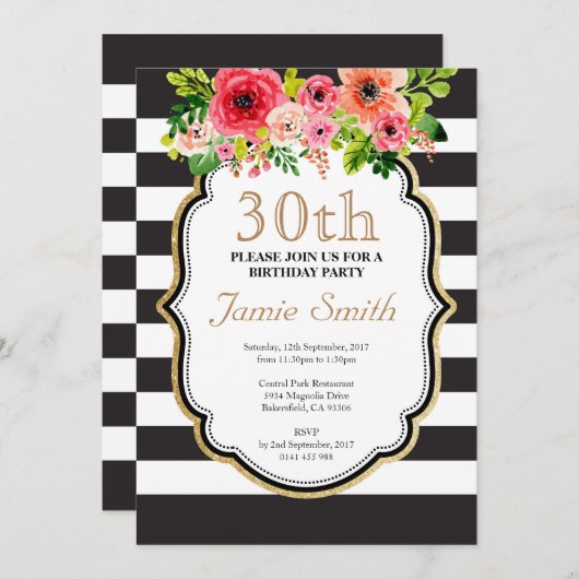 Waterverf Bloem Zwarte en Witte Stripe Dag Kaart (Voorkant / Achterkant)