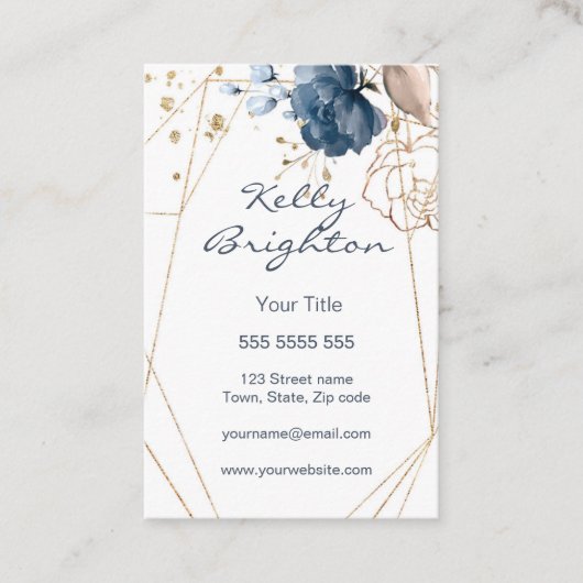 Waterverf bloemblauw & goud, geometrische vorm visitekaartje (Voorkant)