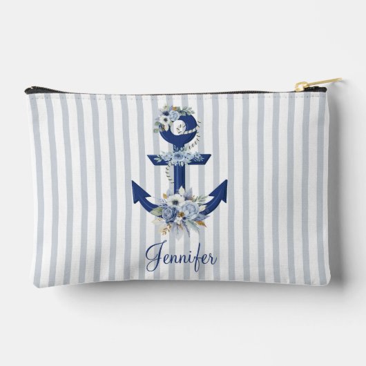 waterverf Bloemblauw Nautische Strepen Naam Chic Etui (Achterkant)