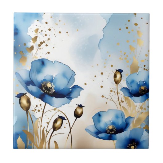 Waterverf Bloemblauwe Poppies Tegeltje (Voorkant)