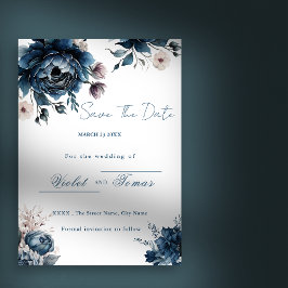 Waterverf bloemboeket navyblauw Save The Date Kaart