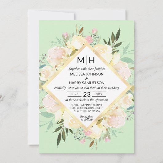 Waterverf bloemboeket roze munt gouden bruiloft kaart (Voorkant)