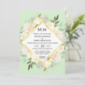 Waterverf bloemboeket roze munt gouden bruiloft kaart (Staand voorkant)