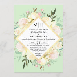 Waterverf bloemboeket roze munt gouden bruiloft kaart