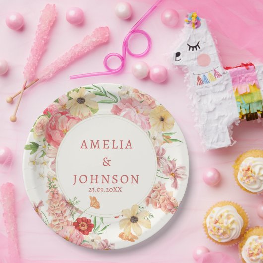 Waterverf Bloemboter Cream Trouwpaar Naam Papieren Bordje (Feest)