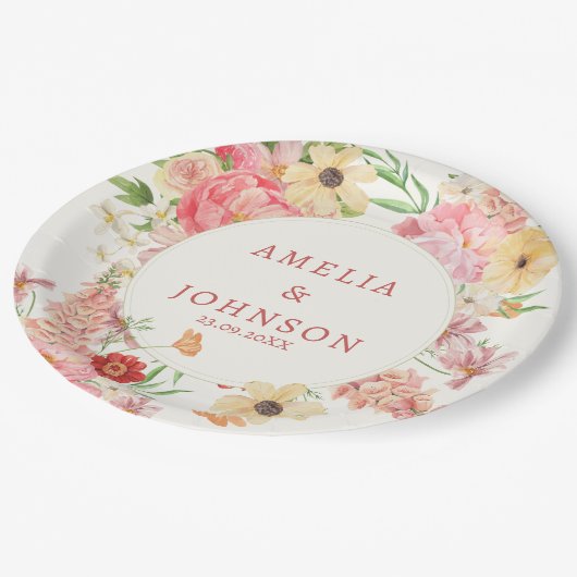 Waterverf Bloemboter Cream Trouwpaar Naam Papieren Bordje (Gekanteld)