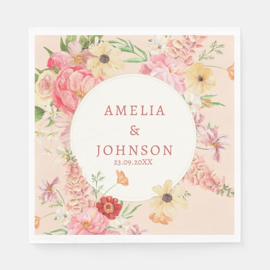Waterverf Bloemboter Cream Trouwpaar Naam Servet (Voorkant)