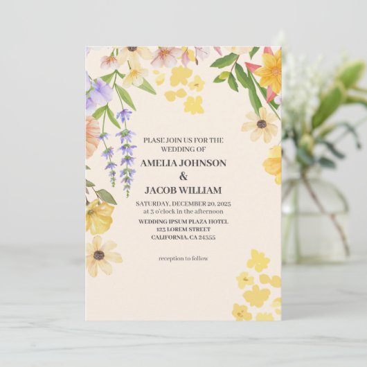 Waterverf Bloemboter Gele Lente bruiloft Kaart (Staand voorkant)