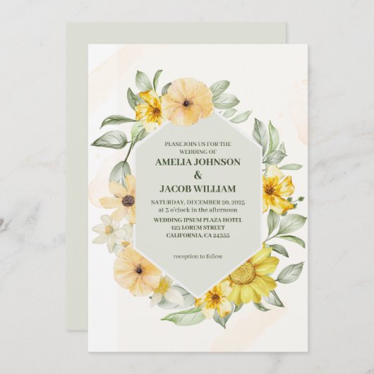 Waterverf Bloemboter Gele Sage Groene bruiloft Kaart (Voorkant / Achterkant)