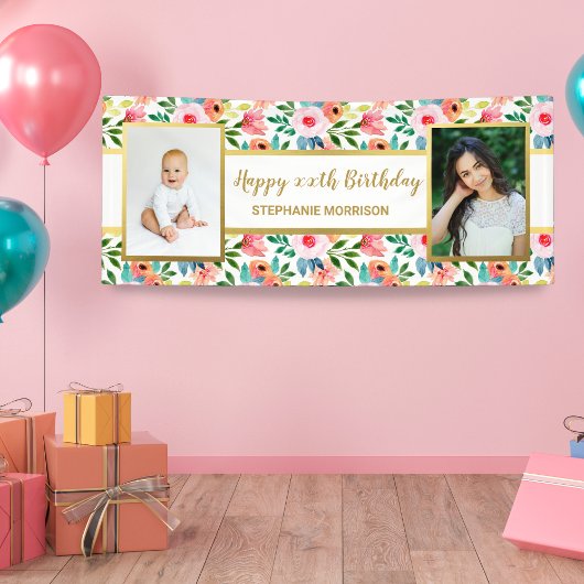 Waterverf bloemen, 2 Foto Aangepaste tekst Verjaar Spandoek