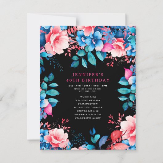 Waterverf Bloemen 40e Verjaardagsprogramma Menu Zw Kaart (Voorkant)