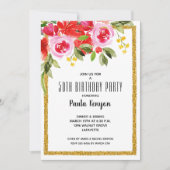 Waterverf Bloemen 50ste Verjaardag Glitter Party Kaart (Voorkant)