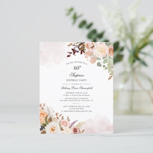 Waterverf Bloemen 60ste Verjaardagsfeestuitnodigin (Staand voorkant)