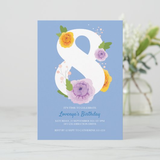 Waterverf Bloemen 8e Verjaardagsfeest Uitnodigen Save The Date (Staand voorkant)