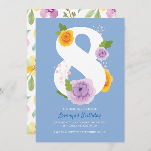 Waterverf Bloemen 8e Verjaardagsfeest Uitnodigen Save The Date (Voorkant / Achterkant)