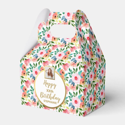 Waterverf bloemen, aangepaste foto, Happy Birthday Bedankdoosjes (Voorkant Zijde)