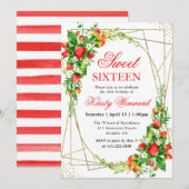 Waterverf Bloemen Aardbeien Goud Lijst Sweet 16 Kaart (Voorkant / Achterkant)