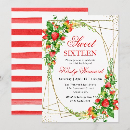 Waterverf Bloemen Aardbeien Goud Lijst Sweet 16 Kaart (Voorkant / Achterkant)