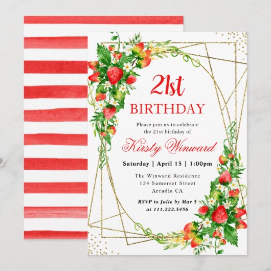 Waterverf Bloemen Aardbeien Lijst 21e Verjaardag Kaart (Voorkant / Achterkant)