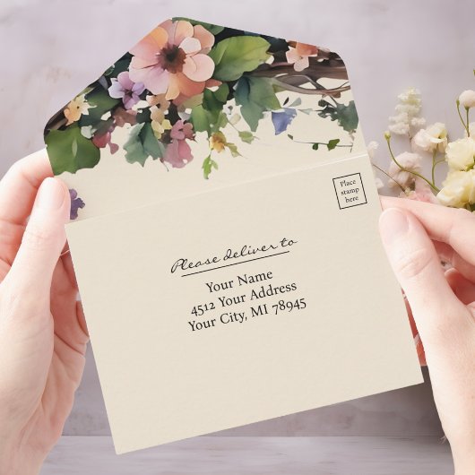 Waterverf bloemen, All in One Wedding Invite. All In One Uitnodiging