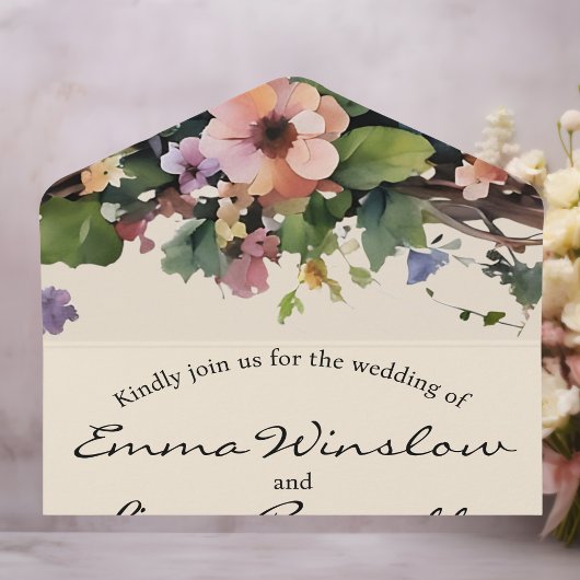 Waterverf bloemen, All in One Wedding Invite. All In One Uitnodiging
