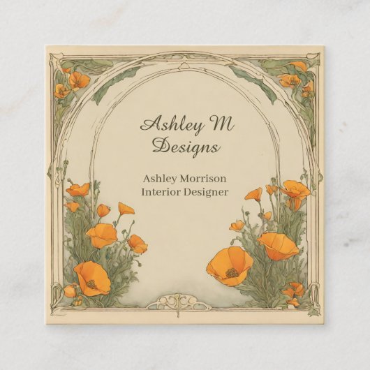  Waterverf Bloemen Art Nouveau Poppies Vierkante Visitekaartje (Voorkant)