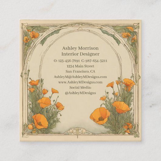  Waterverf Bloemen Art Nouveau Poppies Vierkante Visitekaartje (Achterkant)
