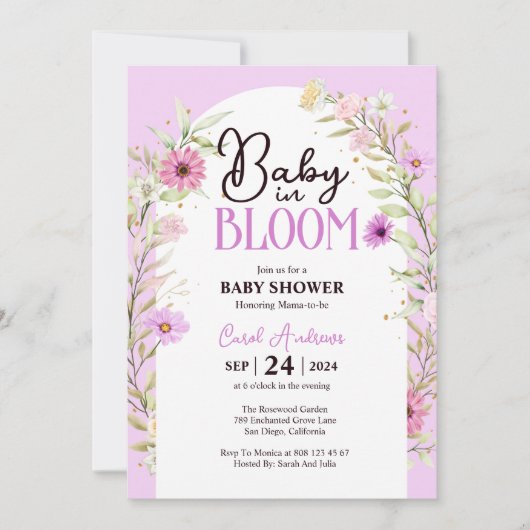 Waterverf Bloemen Baby in Bloom Paarse Baby shower Kaart (Voorkant)
