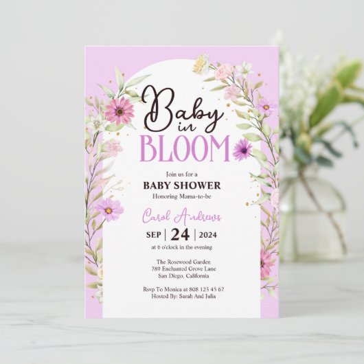 Waterverf Bloemen Baby in Bloom Paarse Baby shower Kaart (Staand voorkant)