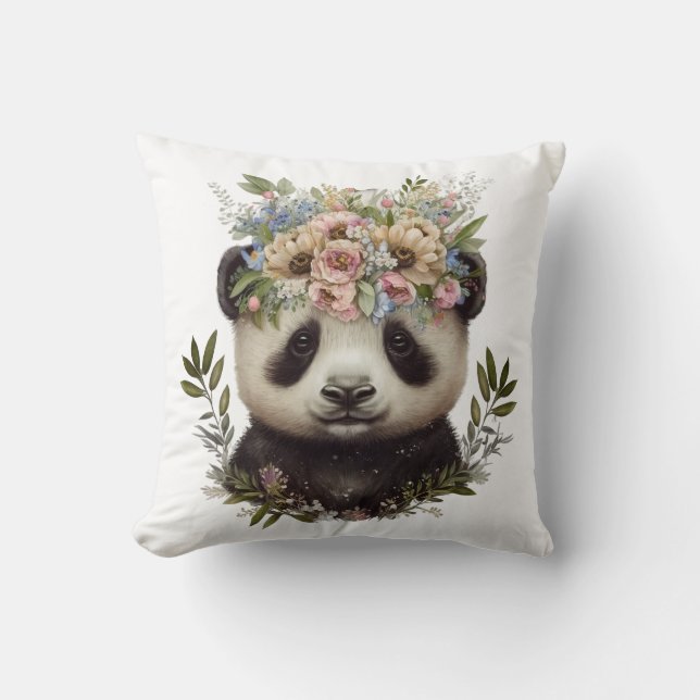 Waterverf Bloemen Baby Panda Schattige Kussen (Voorkant)